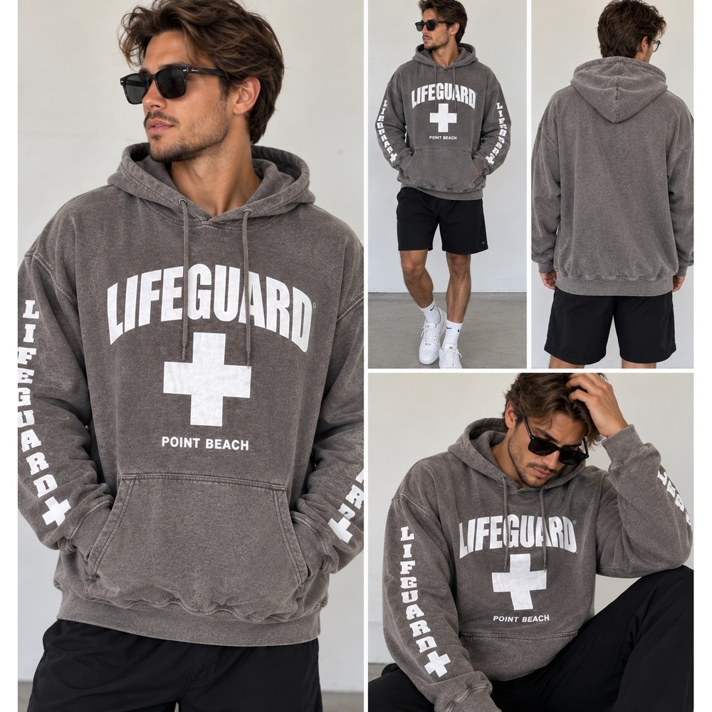 Lifeguard Hoodie Mens XL Gray Point Beach Graphic Retro Surf Beach Y2K Pullover